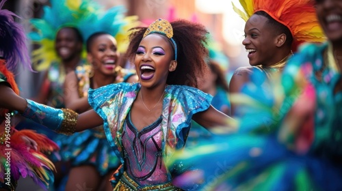 Group of happy young men and women in carnival costumes dancing and having fun in street festivities.