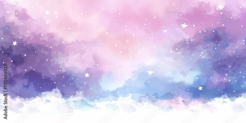 Watercolor sky with clouds and stars, dreamy, soft blue purple and pink color background , banner Watercolor sky with clouds and stars, dreamy, soft blue purple and pink color background , banner