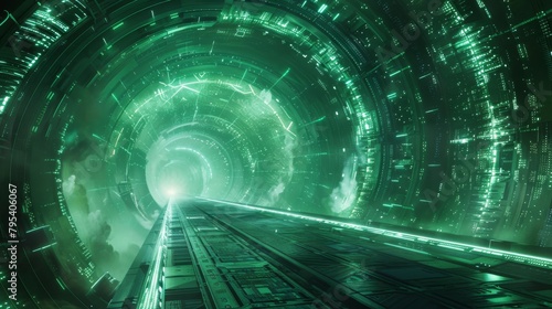 A long, futuristic tunnel with green lights