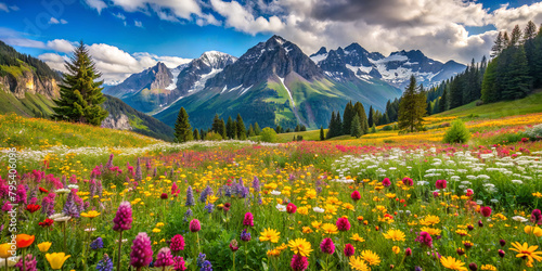 In the distance,majestic, snow-capped mountains rise above a vast meadow of colourful wildflowers under a dynamic sky.The lush green landscape is dotted with shades of blooming flora.AI generated. © Czintos Ödön