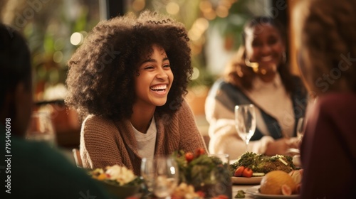 Happy young African American woman and her mother laugh while gathering with family for Thanksgiving at warm home.