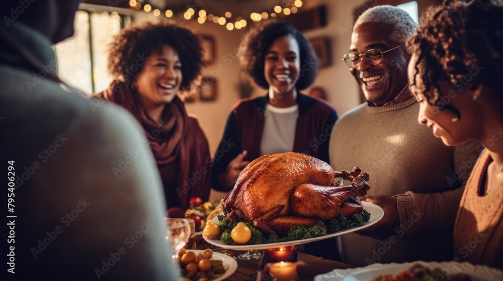 African American man smiling cheerfully Happy serving the turkey While gathering with family for Thanksgiving at the dinner table at home.