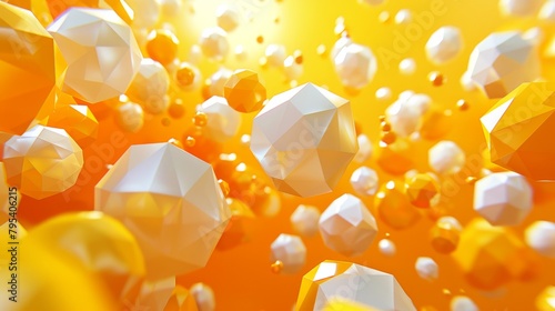 A lot of randomly placed polyhedra in a yellow color space. photo