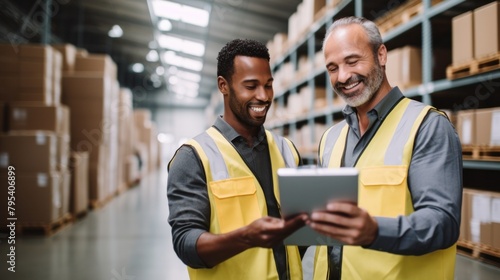 Happy manual worker using touchpad while communicating with his coworker and organizing package delivery