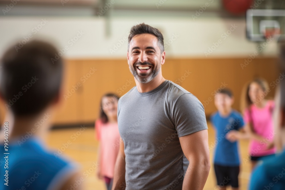 Fototapeta premium A cheerful physical education teacher stands and talks with students between classes at the elementary school basketball court gym.