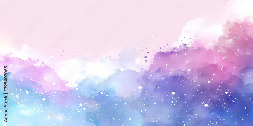 Watercolor sky with clouds and stars, dreamy, soft blue purple and pink color background , banner