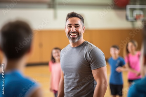 A cheerful physical education teacher stands and talks with students between classes at the elementary school basketball court gym.