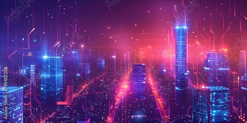 Futuristic Smart City Skyline with Glowing Neon Lights and Digital Infrastructure at Night