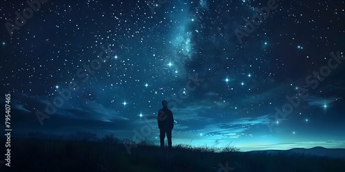 Silhouetted figure stands in awe inspiring starry night sky mountains in the distance cosmic wonders and celestial mysteries abound photo