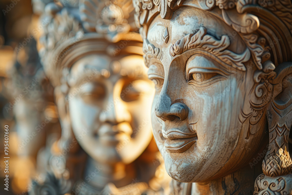 A backdrop of Balinese carvings, each detail a testament to craft and tradition, A backdrop of Balinese carvings, each detail a testament to craft and tradition,