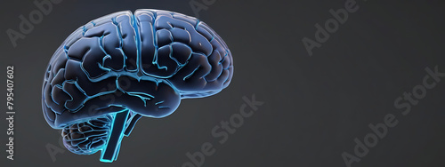 A Brain 3d translucent Model scan with illuminated light source from the core of it, With copyspace and isolated plain background, black background
