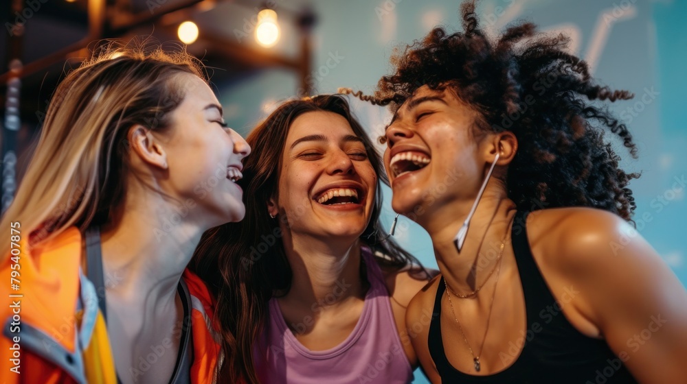 Three female friends wearing exercise clothes Laughing happily in the gym Have fun exercising. Three female friends wearing exercise clothes Laughing happily in the gym Have fun exercising.