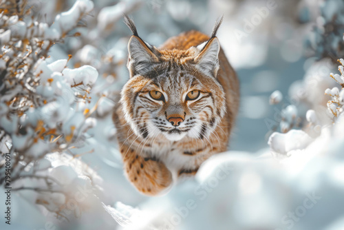 A bobcat stalking its prey through a snowy trail, perfectly camouflaged by its fur, © Natalia