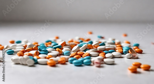Prescription medicine drug pills or tablets and capules scattered on white countertop with big copy space and plain base, generic drug

 photo