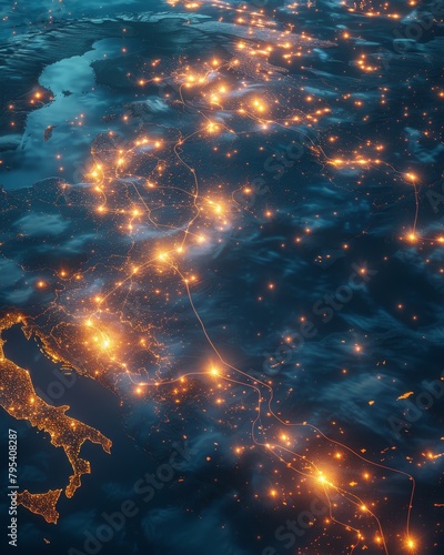 A map of world with the lights of the cities turned on.