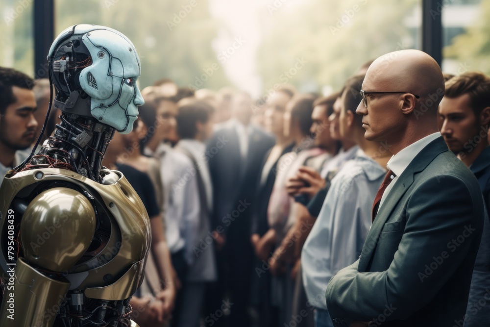 A working man and an AI robot wait for a job interview.