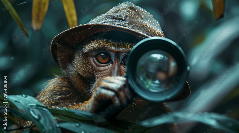 Obraz premium A monkey wearing a hat and holding a camera lens