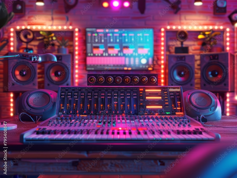 Obraz premium A music producer sits at a mixing console in a recording studio, surrounded by speakers and other equipment.