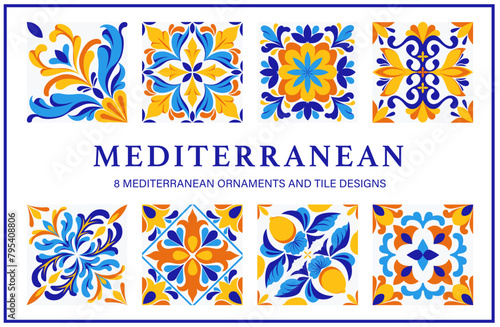 Set of Mediterranean ornaments and tiles, vector 
