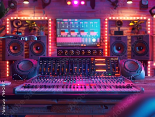 A music producer sits at a mixing console in a recording studio, surrounded by speakers and other equipment.