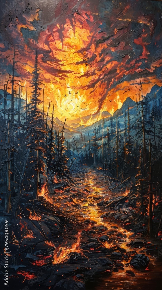 Obraz premium A painting of a forest fire. The fire is raging through the trees, and the flames are reaching up to the sky. The trees are silhouetted against the flames, and the sky is a deep orange.