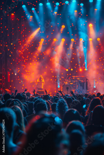A concert bokeh, stage lights diffused into a soft glow over the crowd, photo