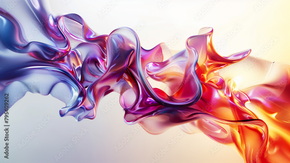 Naklejka premium abstract translucent amorphous glass flowing fluid waves with colorful gradient of purple, pink, and orange tones on white background.