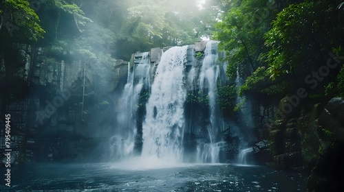 Majestic Waterfall Plunging Down Rocky Cliffs Amidst Lush Greenery