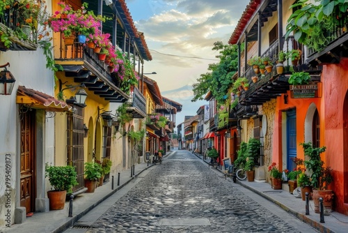 A narrow cobblestone street lined with colorful buildings and potted plants