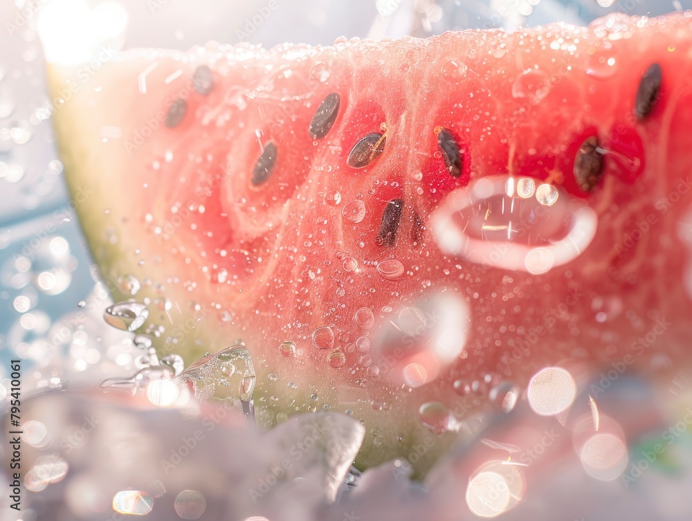 Fototapeta premium A slice of watermelon is shown with a lot of water droplets surrounding it