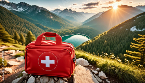 Closeup of a red first aid kit on a mountain trail. In the background an aerial view with a mountain landscape with green forests, small lake and valley. Mountain rescue concept. Generative Ai. photo