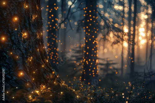 A fairytale forest bokeh  magical lights twinkling among ancient trees 