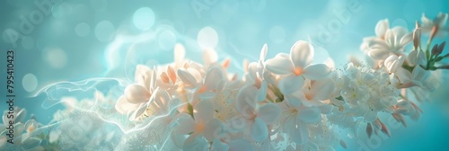 In a macro closeup, a cluster of jasmine flowers emits a light holographic mist, adding a sensory dimension to their natural fragrance in a hightech floral exhibit