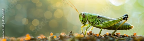 In a macro technological display, a grasshoppers leap is enhanced by holographic boosters, creating a blur of motion and light in the digital twilight