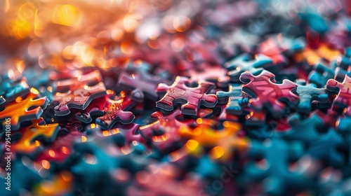 A pile of puzzle pieces in various colors, mostly blue, red, and yellow, with a warm glow over the top. photo