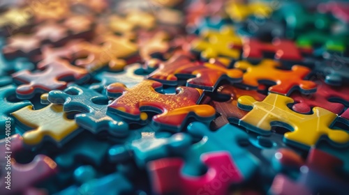 A pile of puzzle pieces of different colors and shapes.