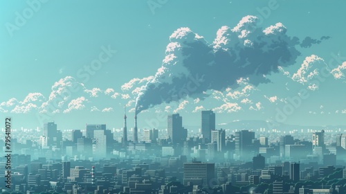 A pixelated illustration of a cityscape with a large factory in the center. The factory is emitting a large amount of smoke into the air. The sky is a gradient of blue and the sun is not visible.