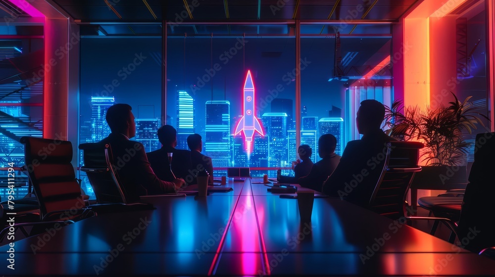 In a stateoftheart boardroom, executives watch a 3D neon animation of a rocket, symbolizing their strategy for explosive market entry In a stateoftheart boardroom, executives watch a 3D neon animation of a rocket, symbolizing their strategy for explosive market entry