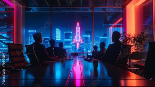 In a stateoftheart boardroom, executives watch a 3D neon animation of a rocket, symbolizing their strategy for explosive market entry