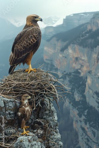 A golden eagle returning to its nest high on a rocky ledge with food for its young,
