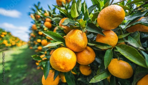 numerous mandarins on a tree in an orchard photo