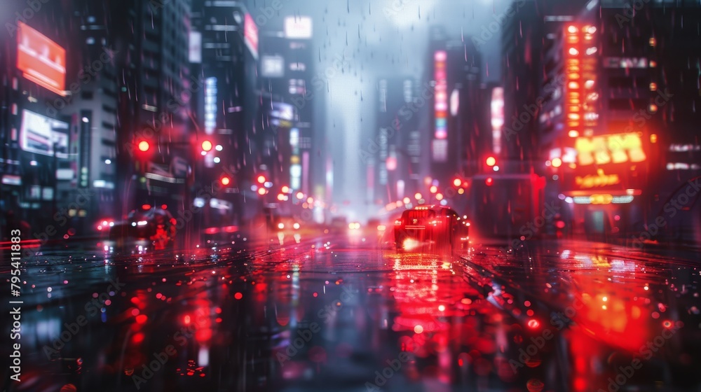 A rainy night in a cyberpunk city with red neon lights reflecting off the wet pavement.