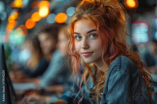 A casually dressed young woman with striking eyes works on a laptop in a cafe