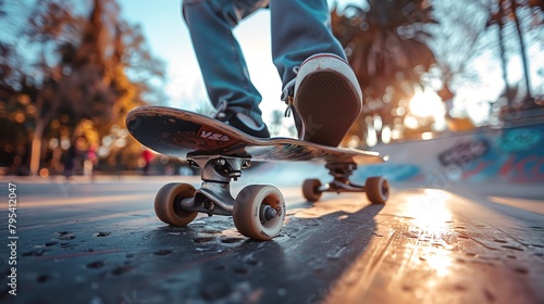 A skateboarder rides on a skateboard in a skate park photo