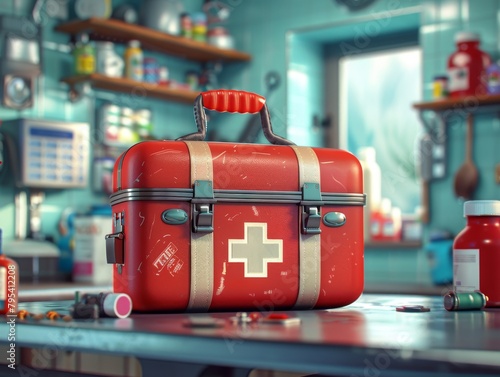 A red first aid kit sitting on a table in a doctors office.