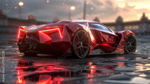 A red futuristic sports car is sitting on a wet road at sunset.