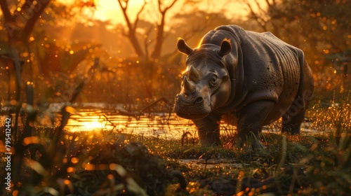 A rhinoceros is standing in a river at sunset.