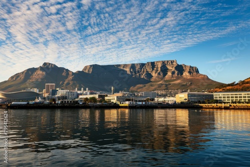 Wide angle shot of Cape Town city central business district , The skyline of Cape Town with Table Mountain, AI generated © Tanu