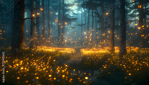 Mystical magical forest at night with glowing lights, perfect for fantasy and enchanted-themed designs and projects