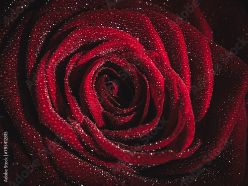 red rose flower and water drops on the petals close-up. Macro. selective focus
